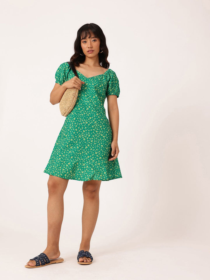 DressBerry Girlish Bloom Sweetheart Neck Puff Sleeves A-Line Dress