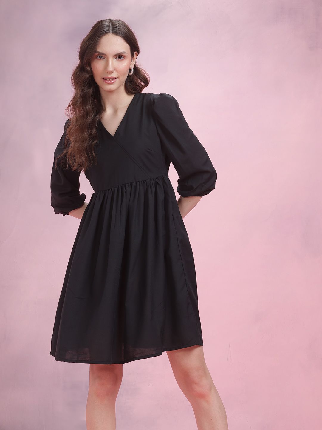 DressBerry Faux Wrap Puff Sleeve A-Line Dress