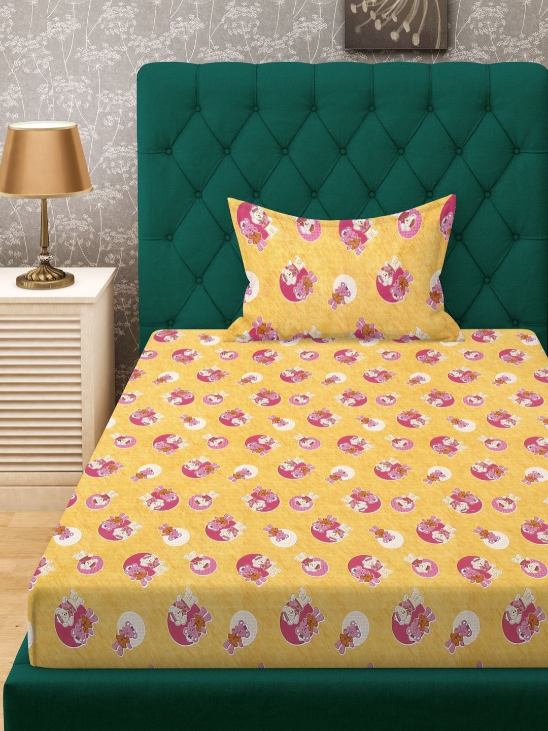 KLOTTHE Kuning Kapas Perbualan 400 TC Cadar Bujang dengan 2 Sarung Bantal-89 x 59 inci
