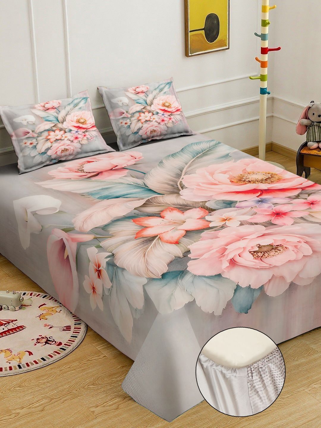 KLOTTHE Grey & Pink Floral 300 TC King Fine Bedsheet Set - 98 Inci x 90 Inci