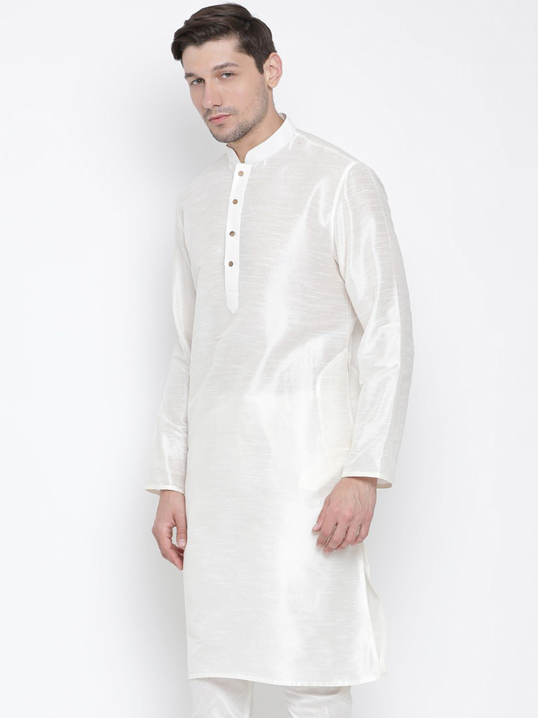 VASTRAMAY Men Cream-Coloured Solid Straight Kurta