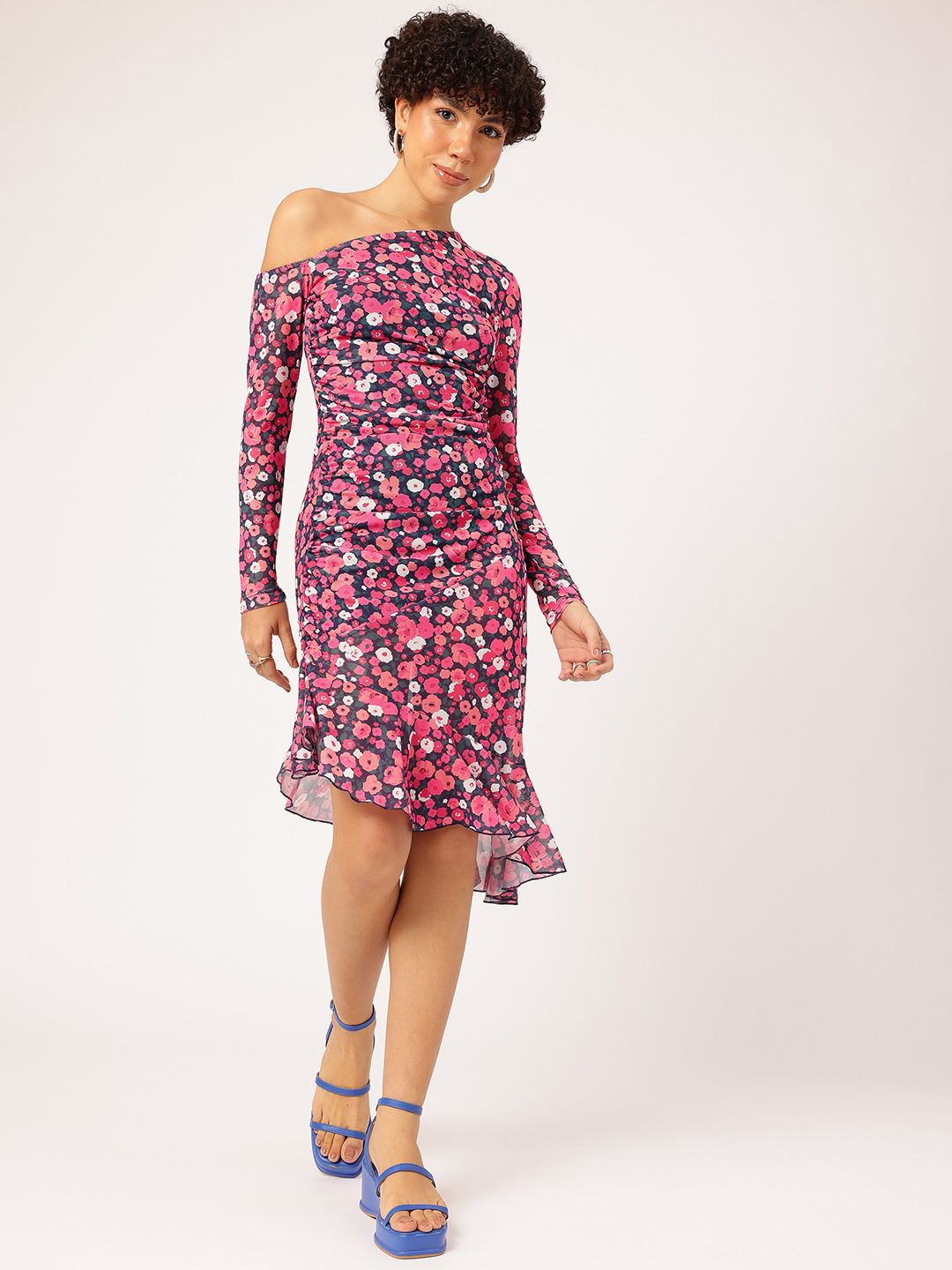 DressBerry Floral Frenzy Printed One Shoulder Net Sheath Dress