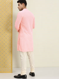 House of Pataudi Men Pink Authentic Hand Embroidered Chikankari Kurta