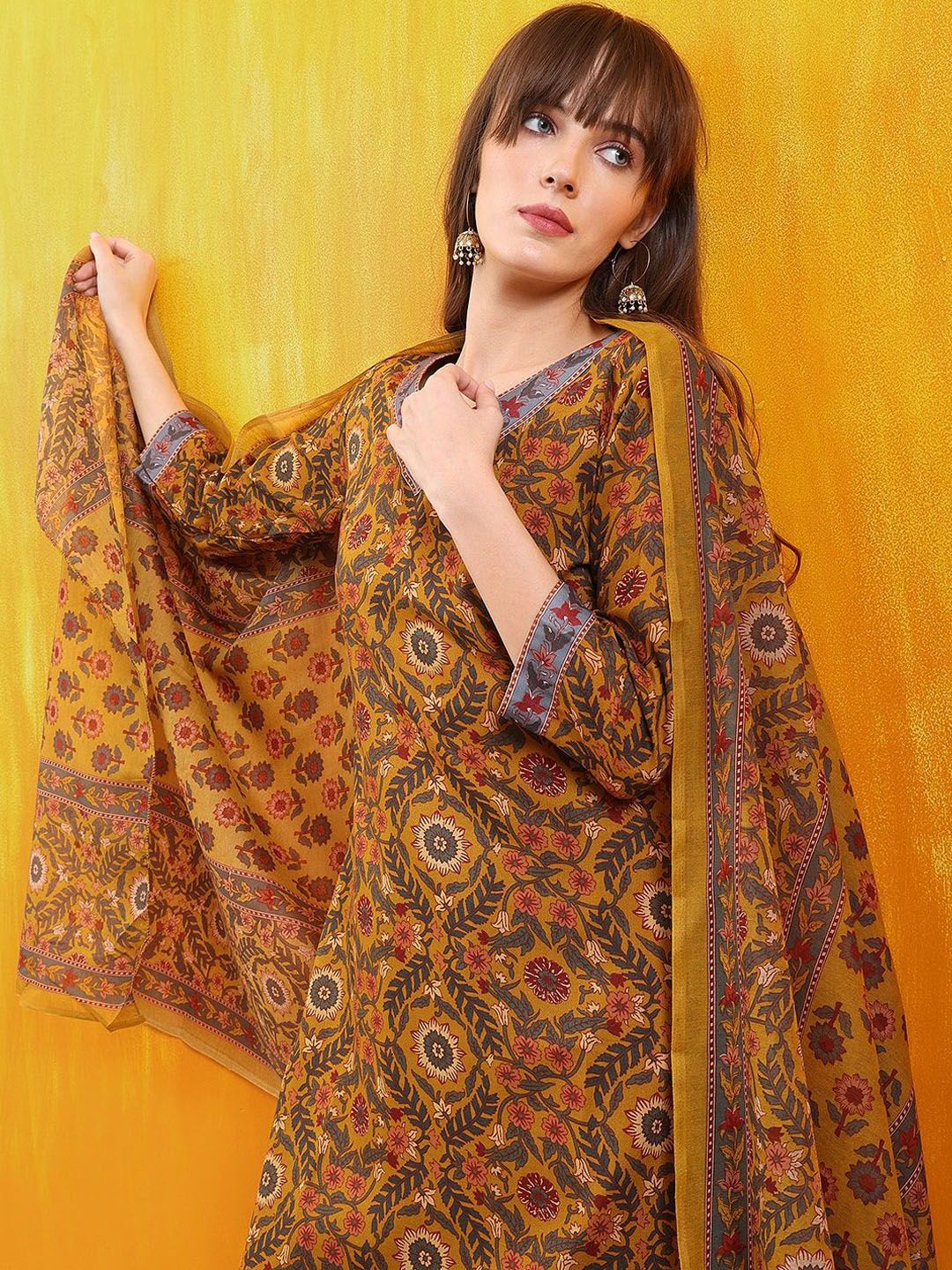 KALINI  Floral Printed V-Neck Straight Kurta With Salwar And Dupatta