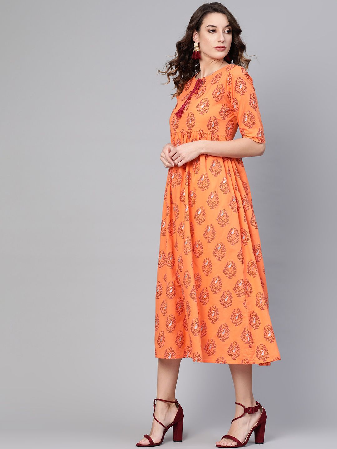 Gerua By Libas Women Orange  Maroon Printed Maxi Dress