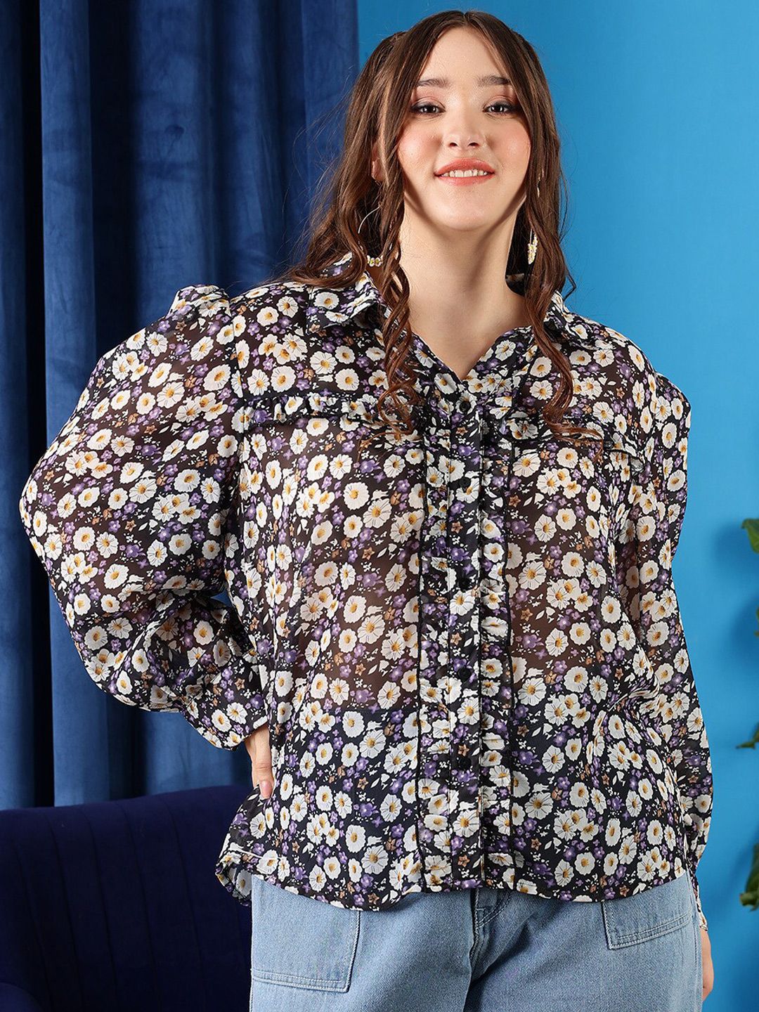 CURVY STREET Plus Size Black Comfort Floral Printed Ruffles Casual Shirt