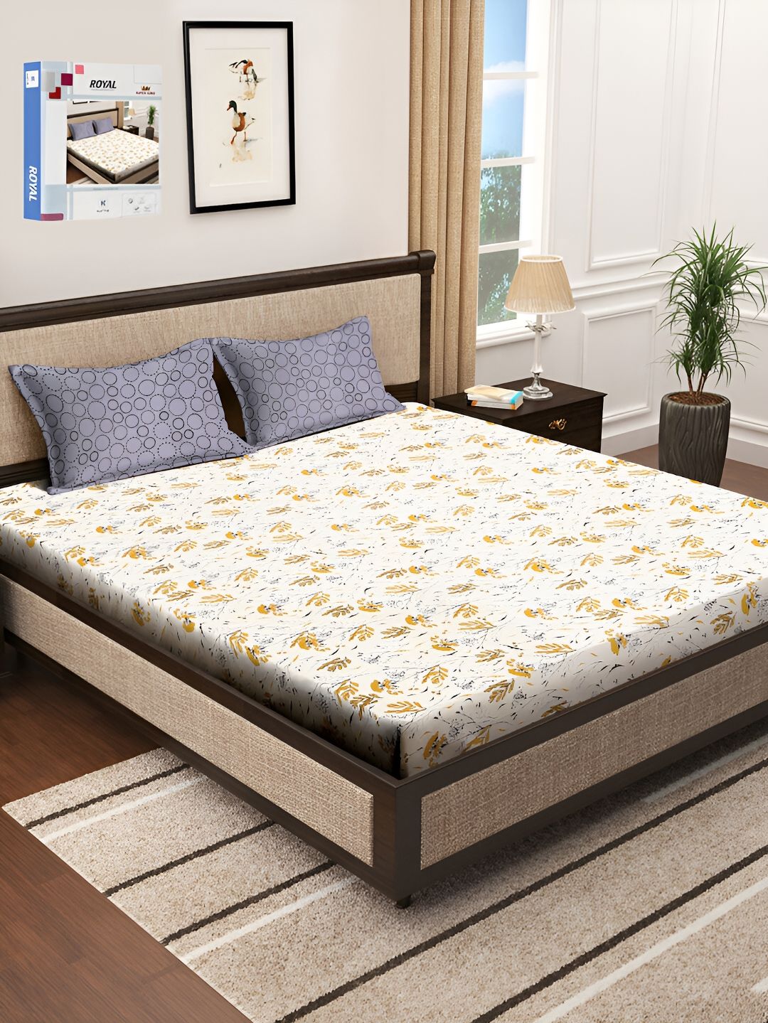 KLOTTHE White Floral Cotton 300 TC King Cadar Halus dengan 2 Sarung Bantal-106 x 106 inci