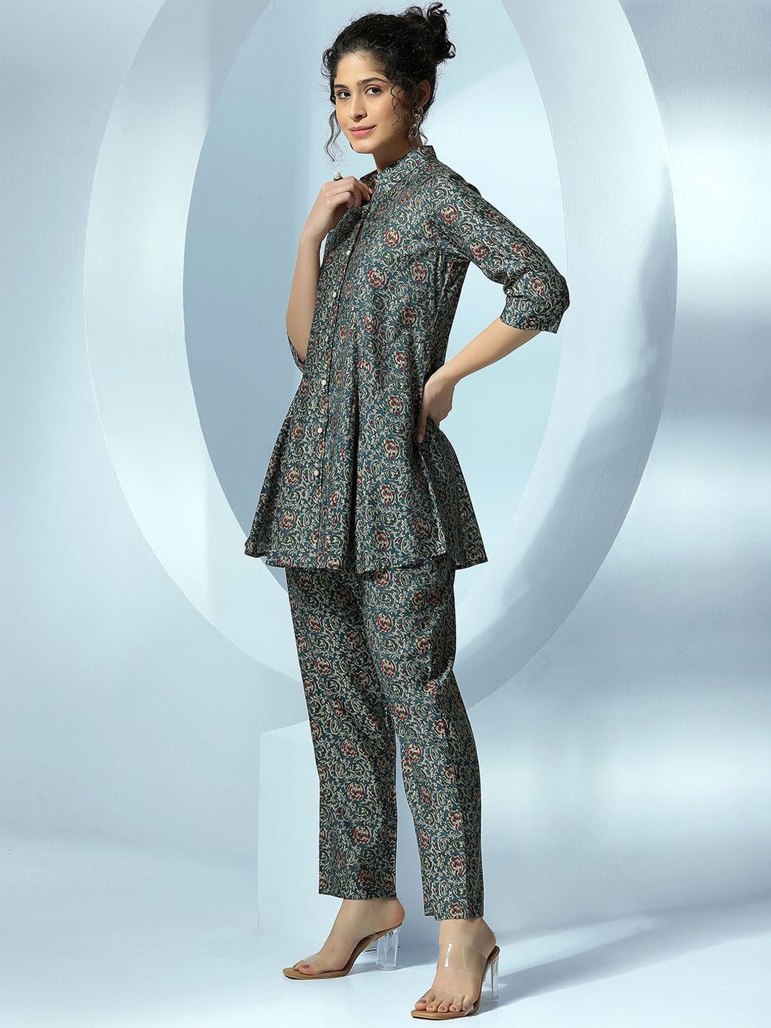 Libas Floral Printed Pleated Shirt With Trousers Co-Ords