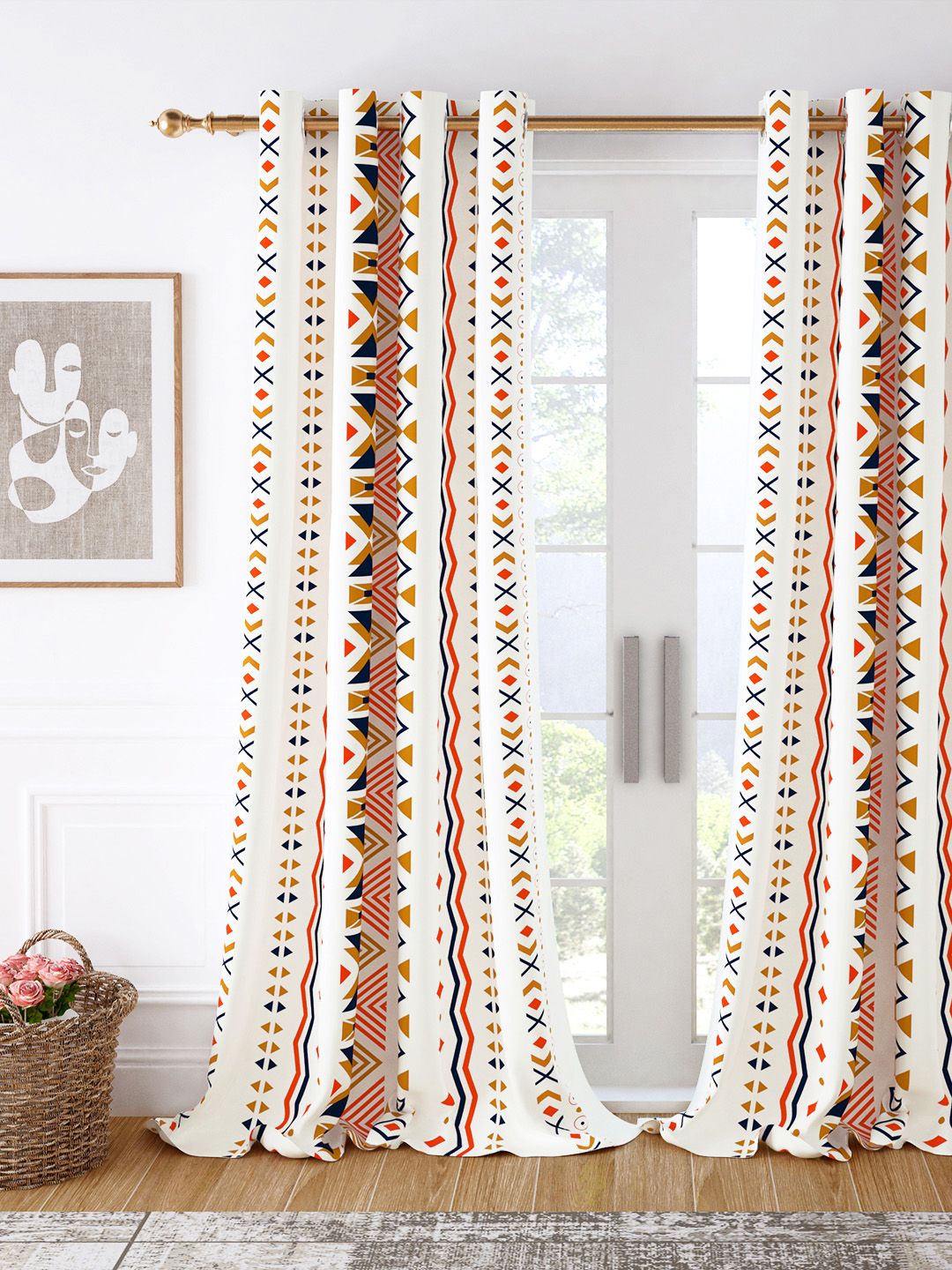 Story@home White & Orange Geometric Room Darkening Door Curtain