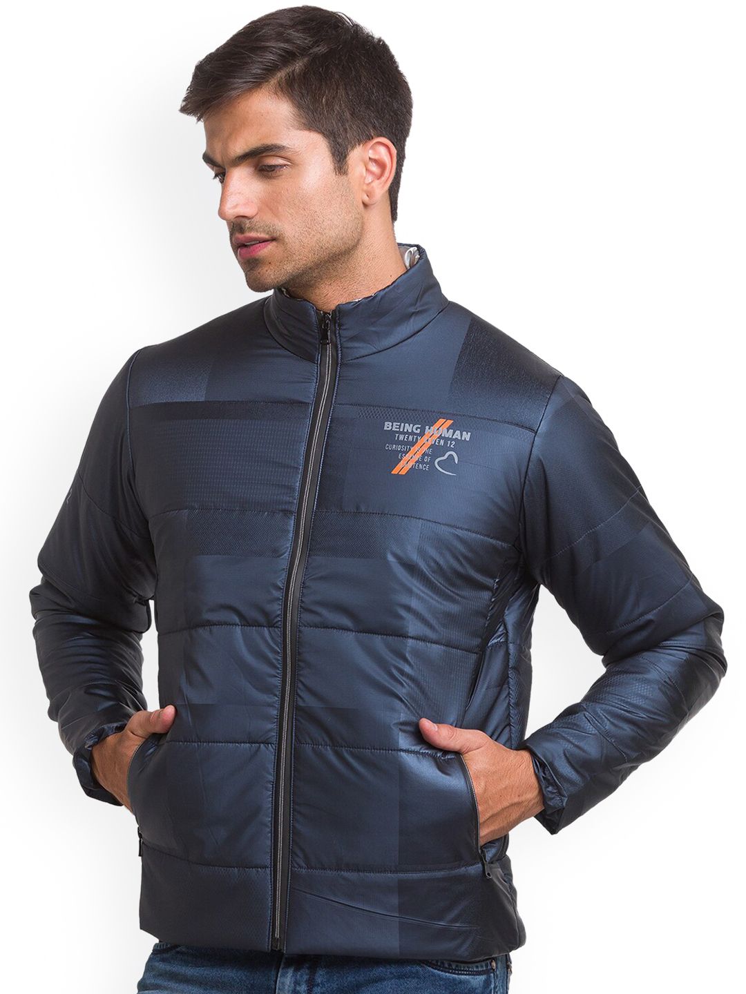 Being Human Men Navy Blue Solid Padded Jacket