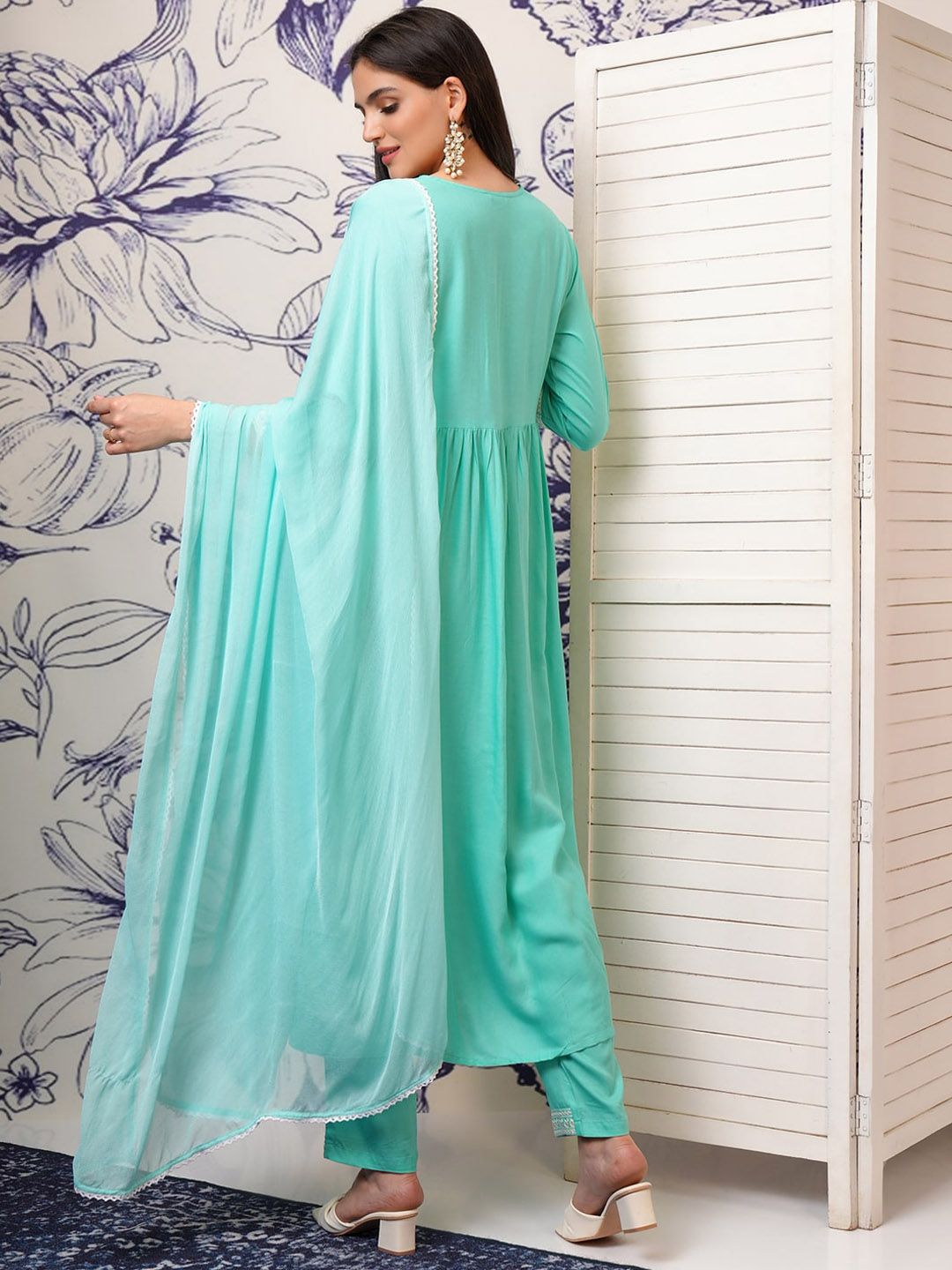 Vishudh Blue Ethnic Motifs Embroidered Sequinned A-Line Kurta With Trousers & Dupatta