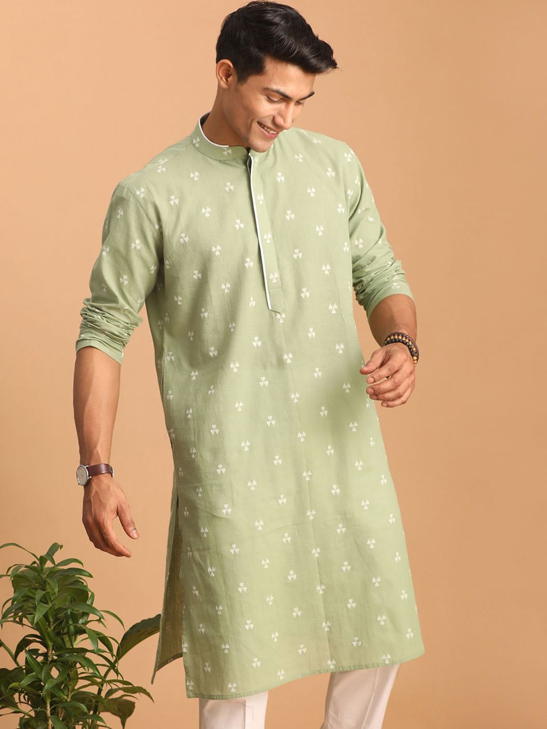 VASTRAMAY Geometric Woven Design Jacquard Cotton Sustainable Kurta