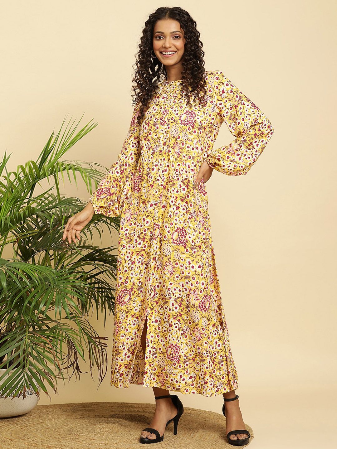 W Floral Print Puff Sleeve Maxi Dress