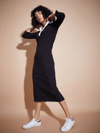 SASSAFRAS BASICS Self Design Shirt Collar Cotton Bodycon Midi Dress