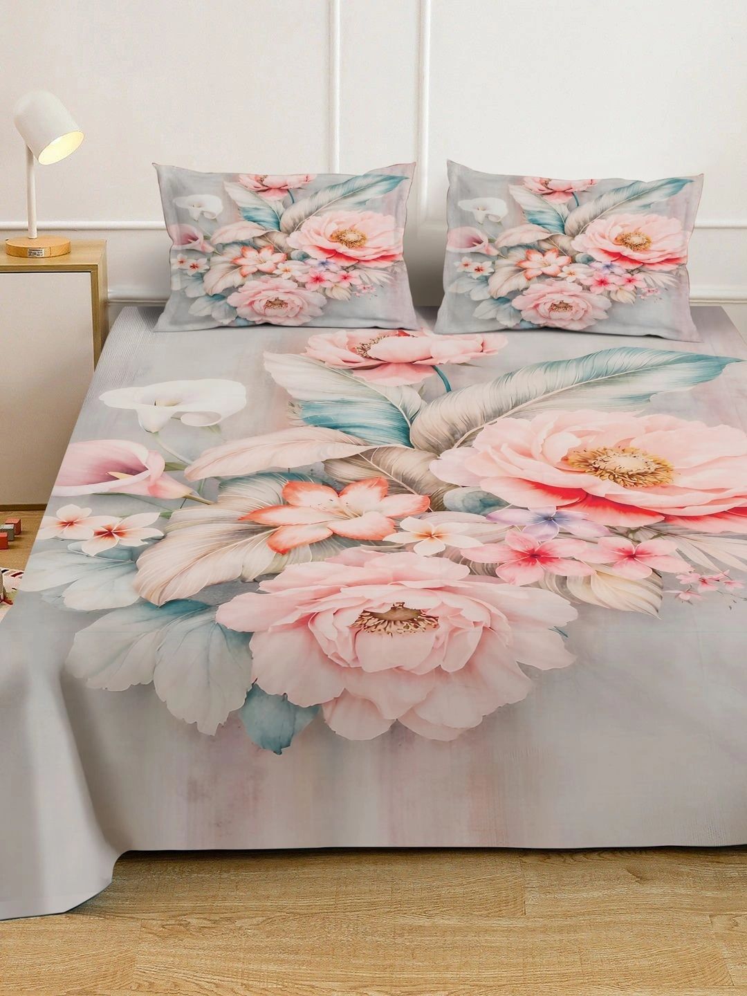 Moda Rapido X KLOTTHE Kelabu & Bunga Merah Jambu Cadar King 400 TC dengan 2 Sarung Bantal