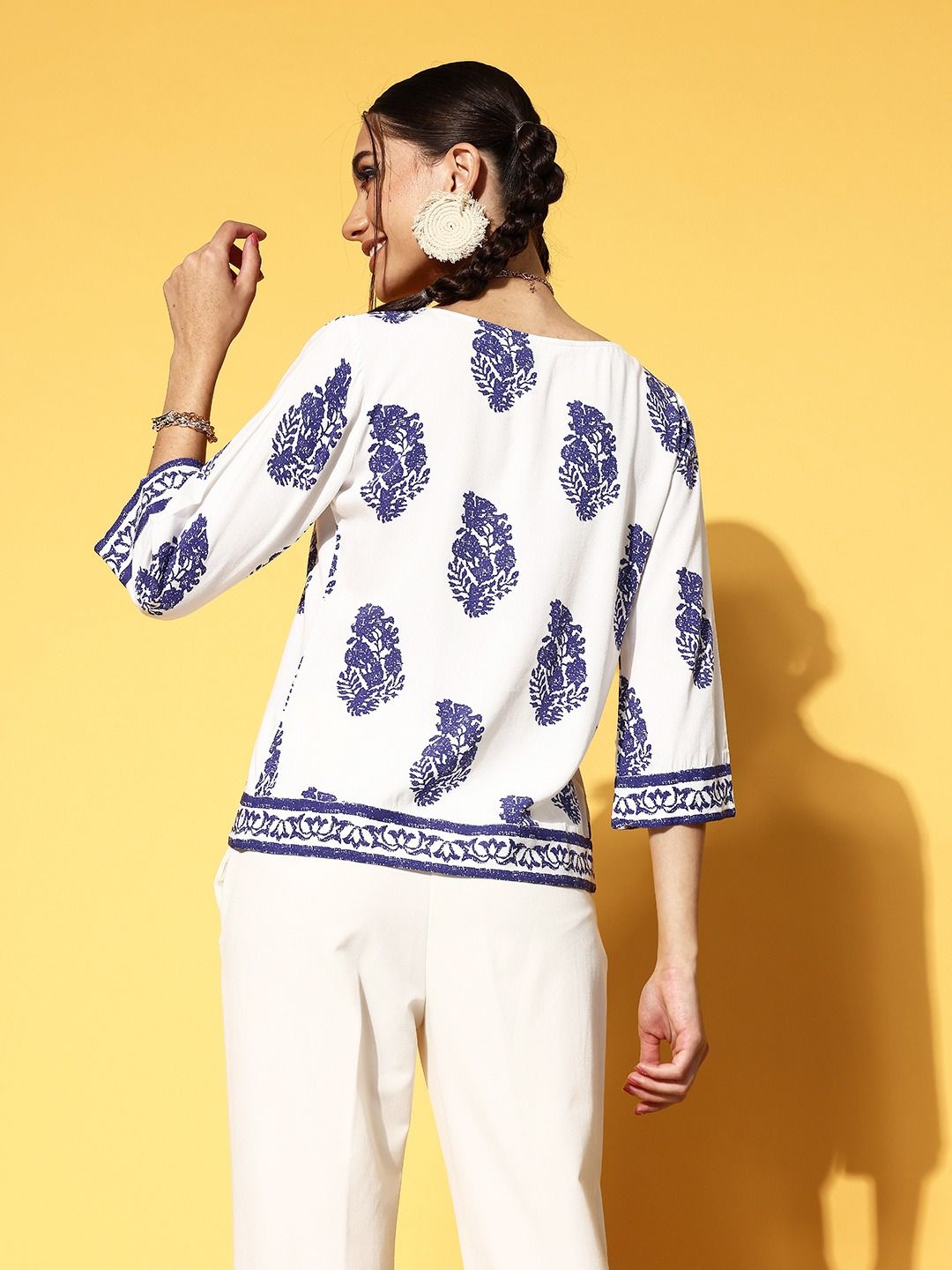 Berrylush Classic White Ethnic Motifs Indie Gal Top