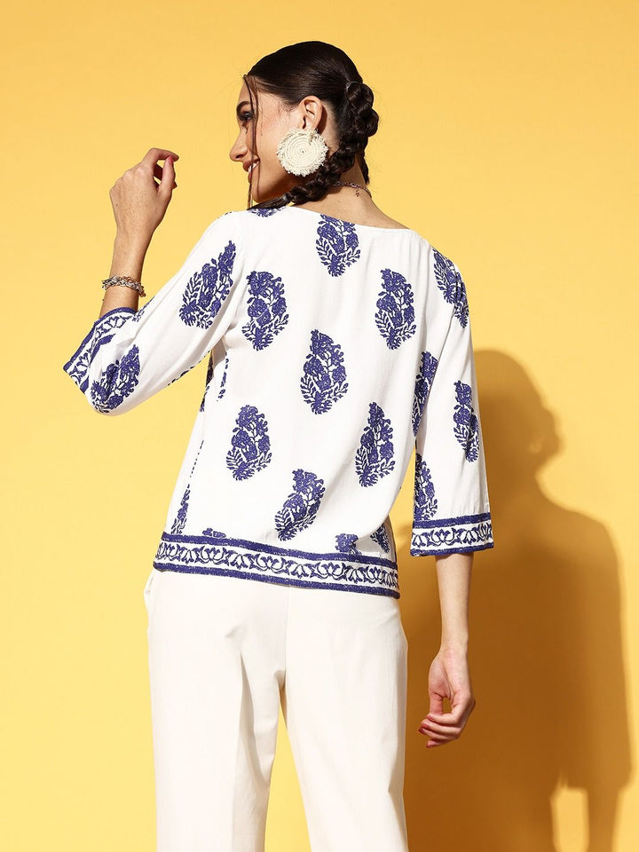 Berrylush Classic White Ethnic Motifs Indie Gal Top