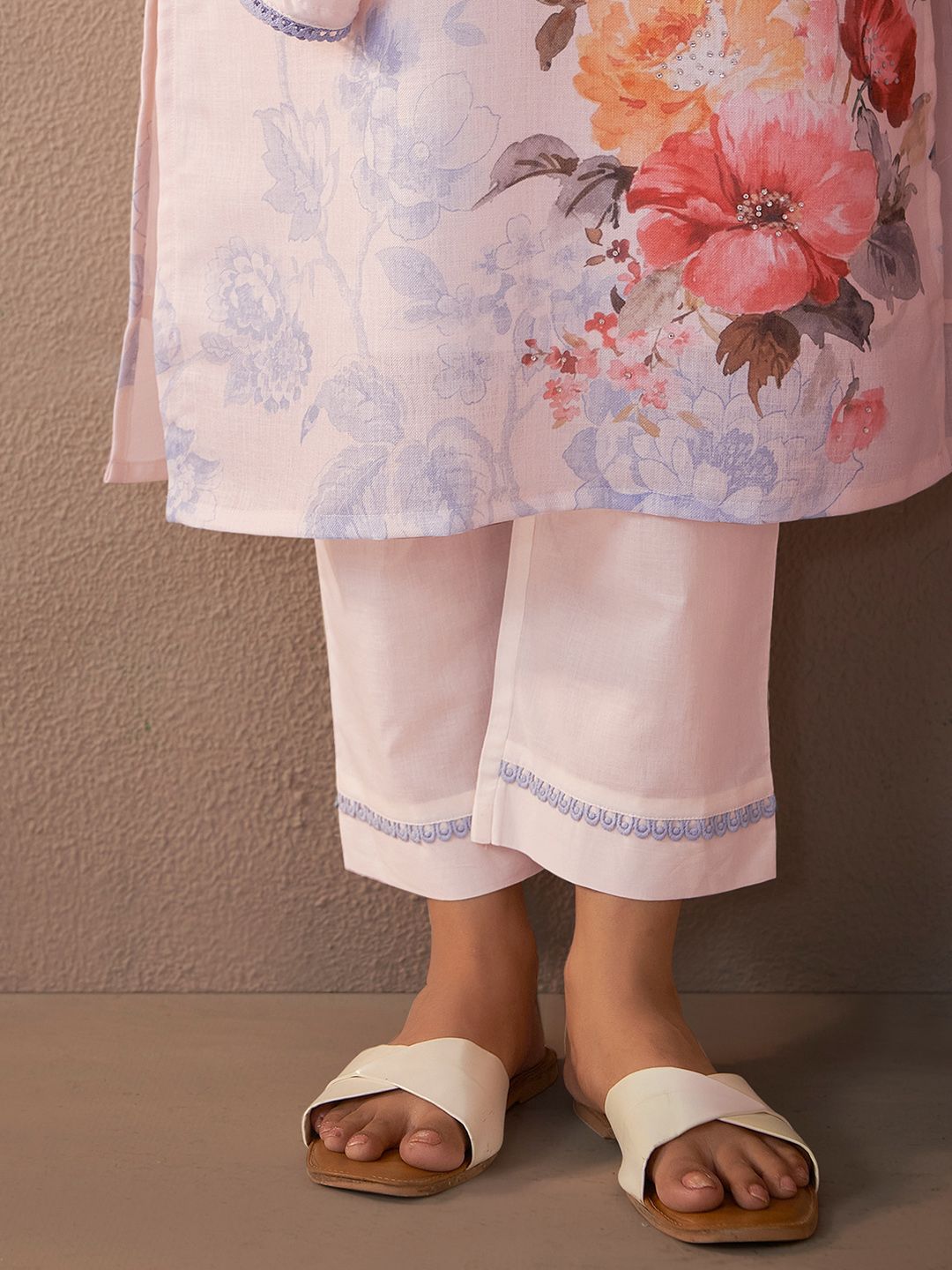 Indo Era Floral Printed Beads And Stones Linen Kurta Wiith Trousers And Dupatta