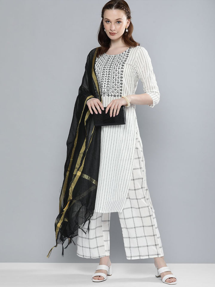 Vishudh Women Off White Striped Regular Pure Cotton Kurta with Palazzos