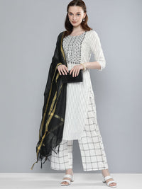 Vishudh Women Off White Striped Regular Pure Cotton Kurta with Palazzos