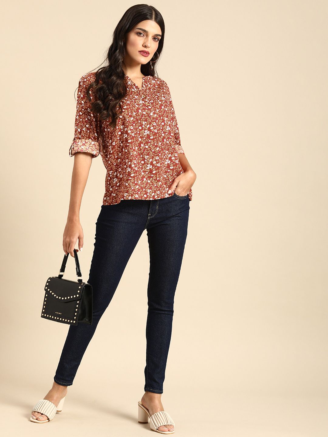all about you Rust Floral Printed Roll-Up Sleeves Top