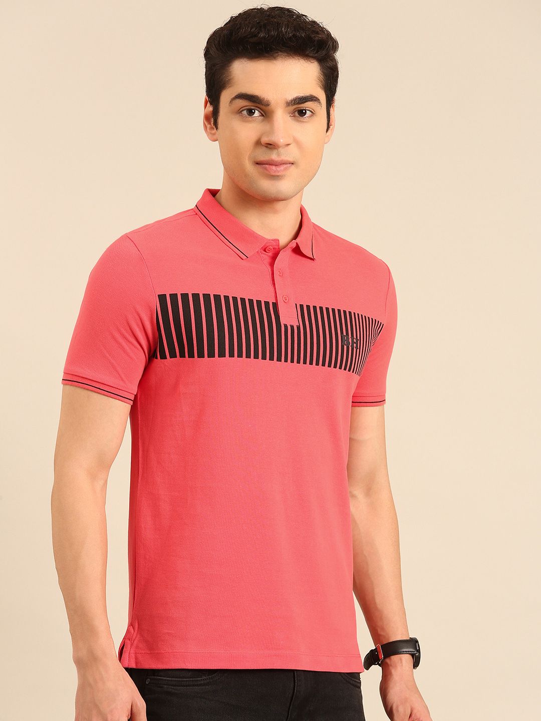 Being Human Striped Polo Collar Pure Cotton T-shirt