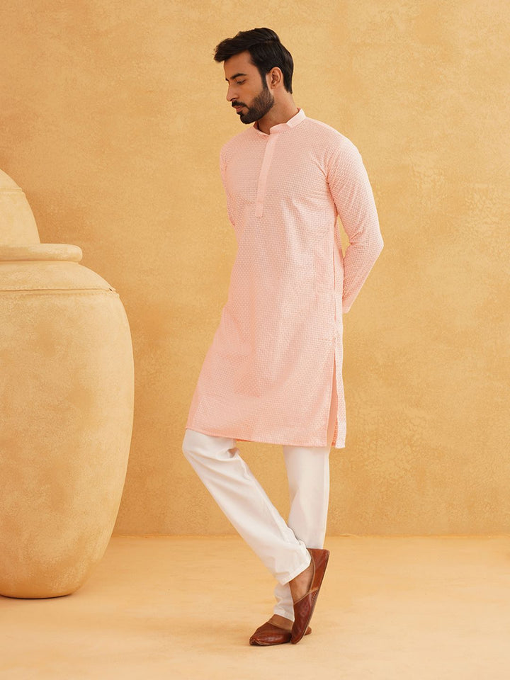 SOJANYA Checked Mandarin Collar Long Sleeves Thread Work Pure Cotton Kurta with Churidar