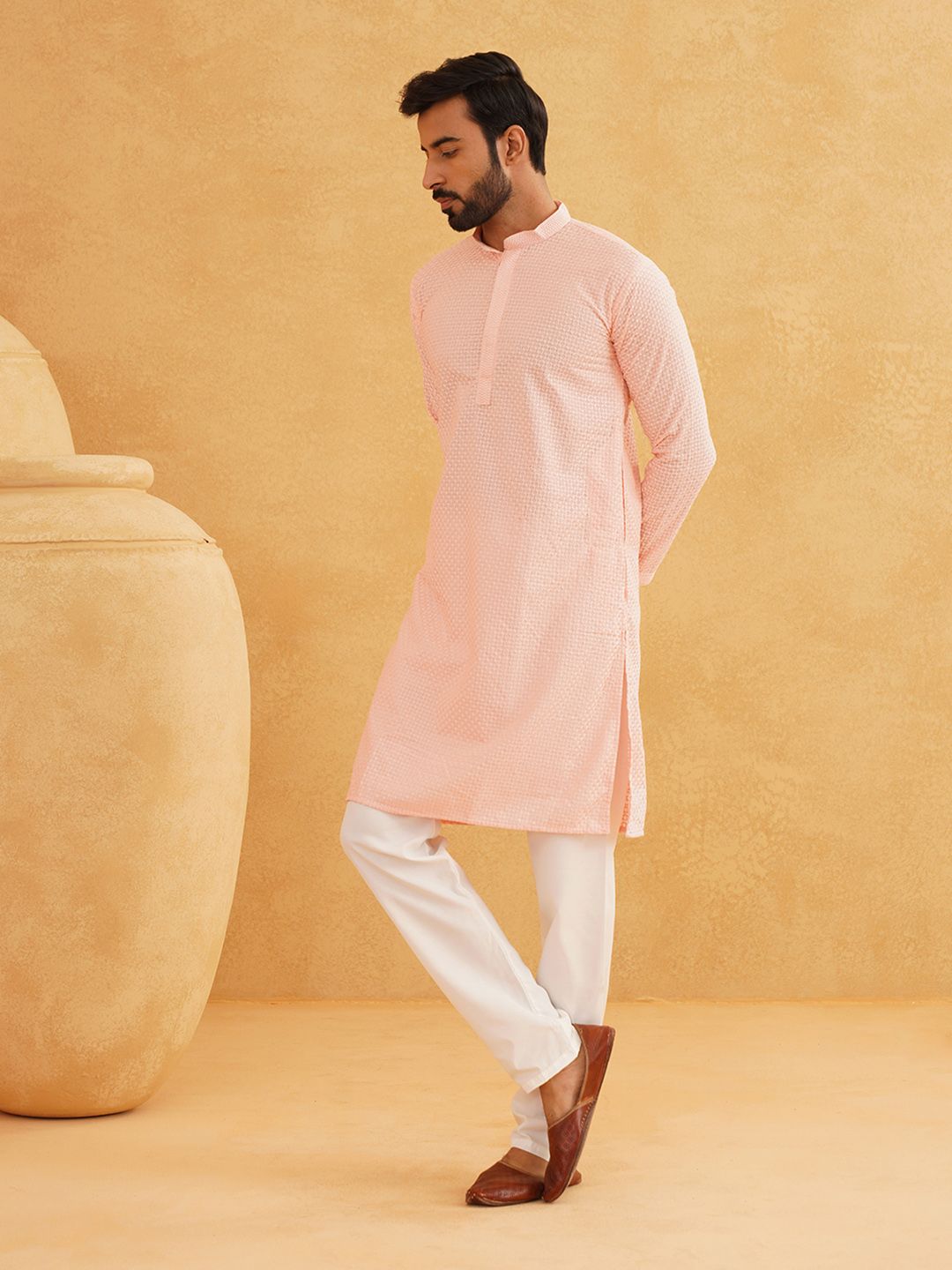 SOJANYA Checked Mandarin Collar Long Sleeves Thread Work Pure Cotton Kurta with Churidar