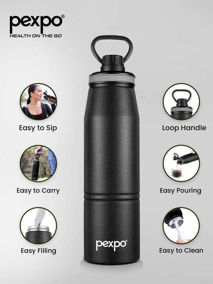 Pexpo Altros Black Double wall Thermosteel Hot and Cold Knight Flask Water Bottle 940 ml