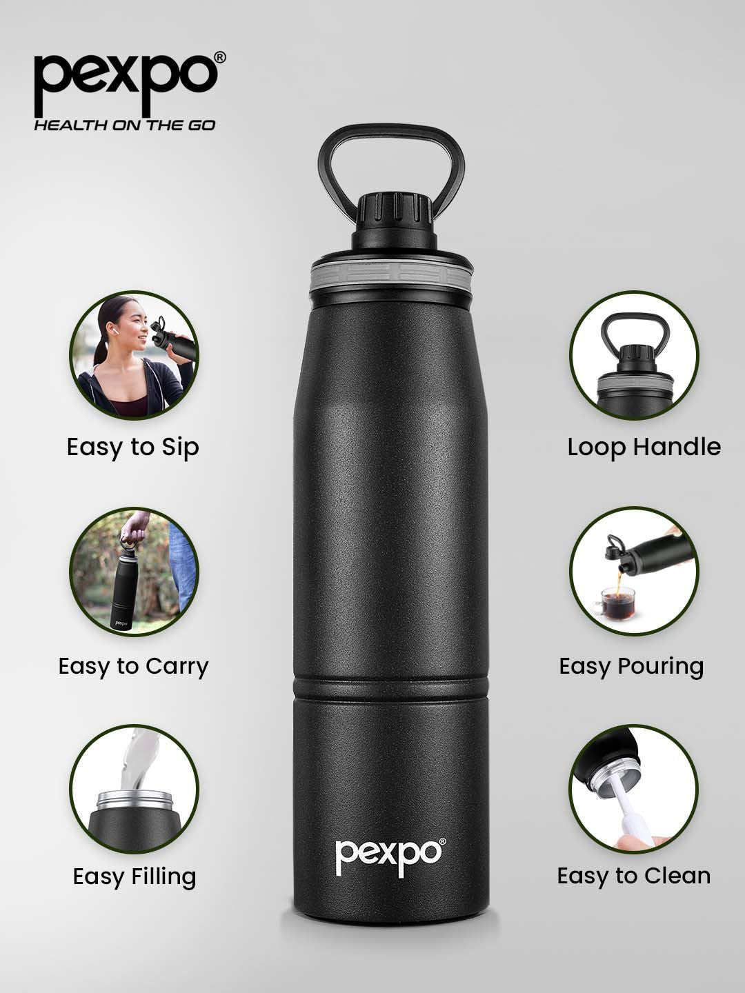 Pexpo Altros Black Double wall Thermosteel Hot and Cold Knight Flask Water Bottle 940 ml