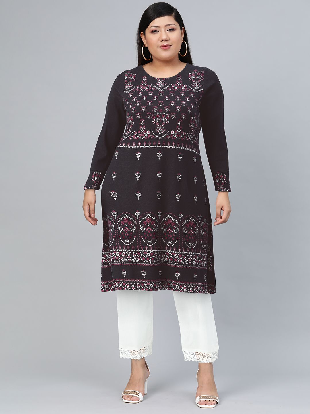 W Round Neck Floral Printed A-Line Kurta