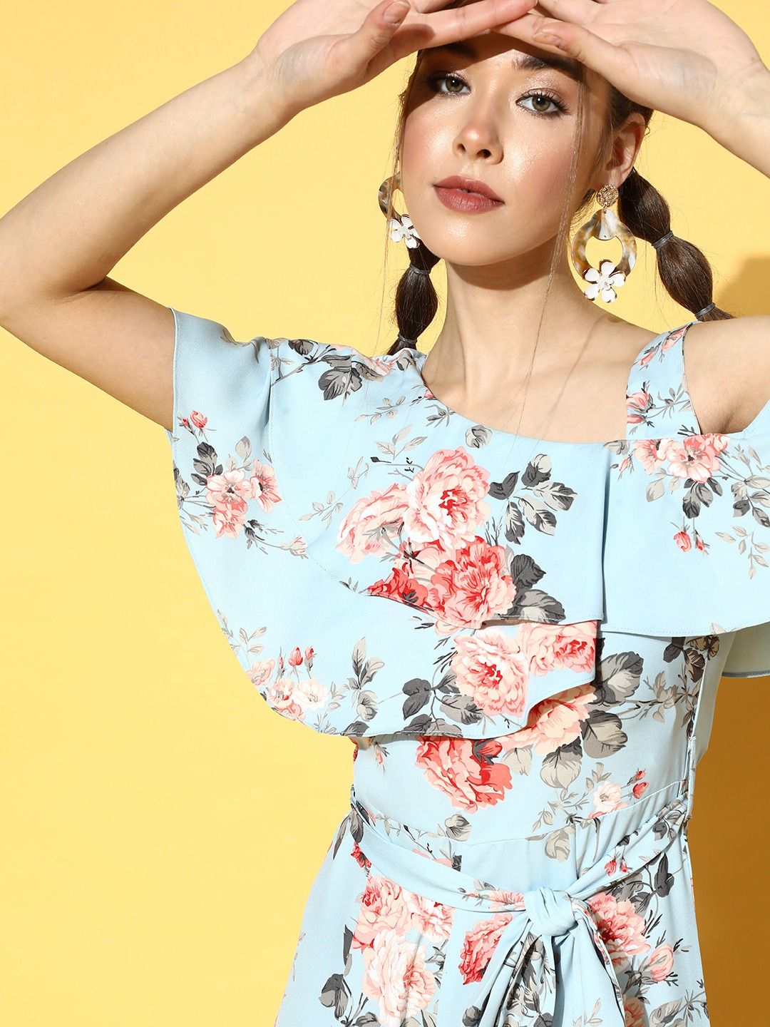Berrylush Blue & Red Printed Basic Jumpsuit with Ruffles