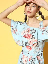 Berrylush Blue & Red Printed Basic Jumpsuit with Ruffles