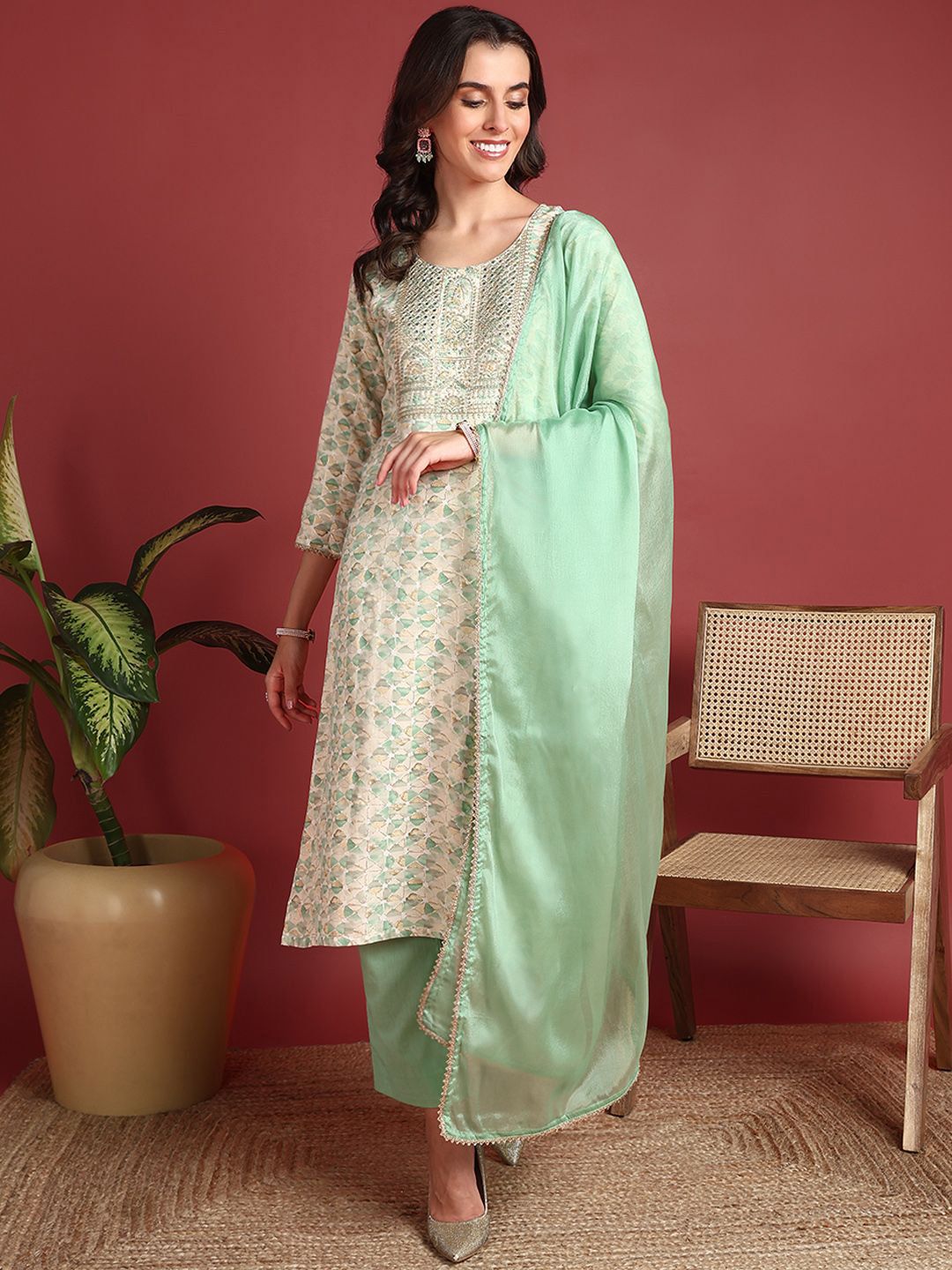 KALINI Women Embroidered Regular Kurta with Trousers & With Dupatta