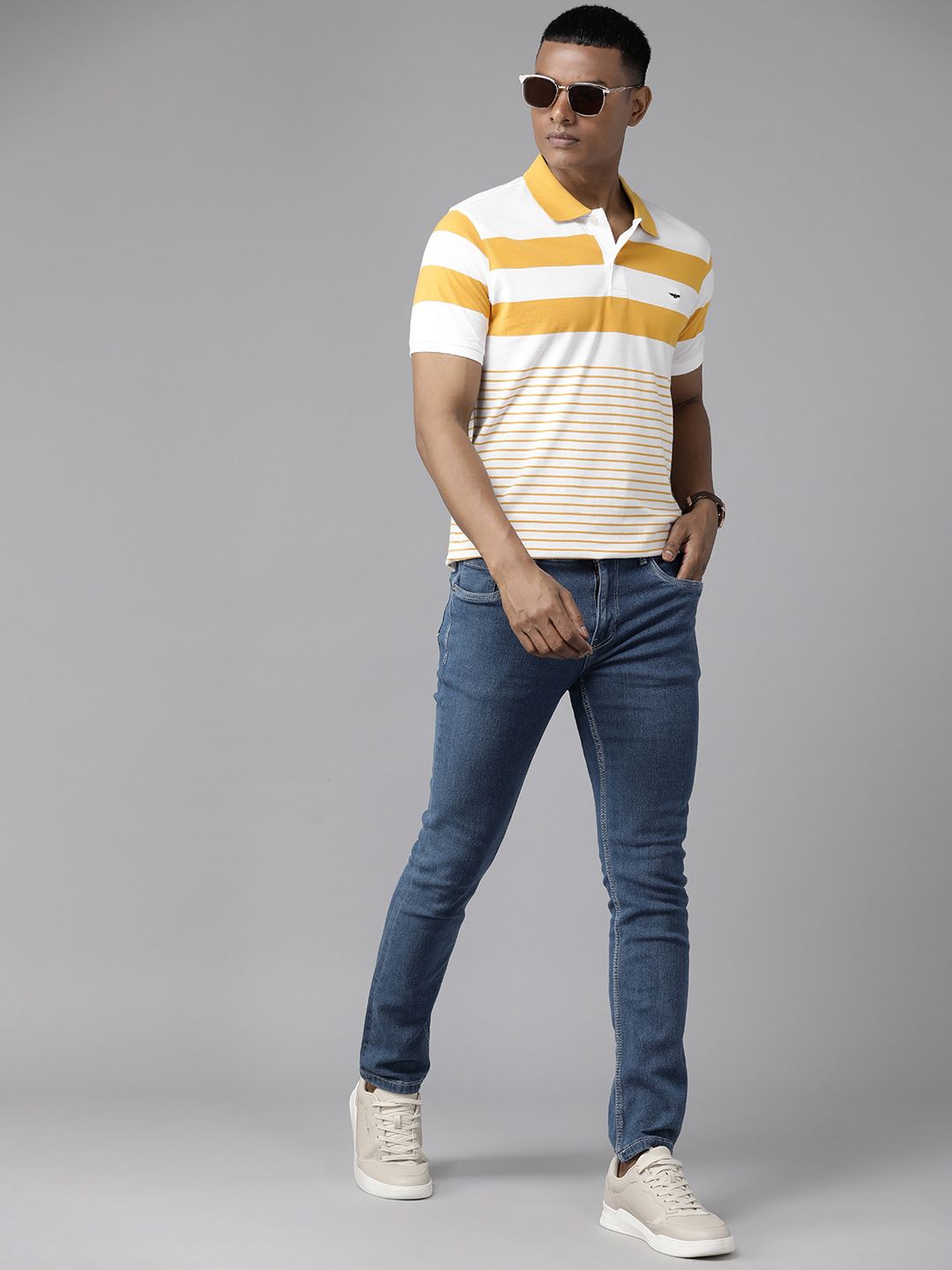 Park Avenue Men Striped Polo Collar Slim Fit T-shirt