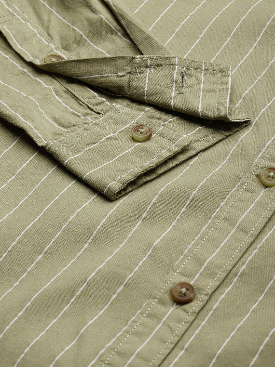 The Indian Garage Co Men Olive Green & White Striped Cotton Casual Shirt