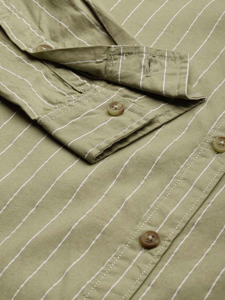 The Indian Garage Co Men Olive Green & White Striped Cotton Casual Shirt