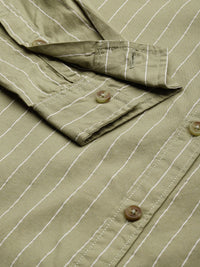The Indian Garage Co Men Olive Green & White Striped Cotton Casual Shirt