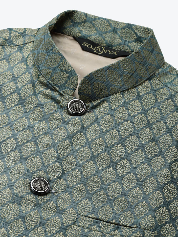 SOJANYA Men Maroon & Beige Ethnic Motifs Kurta with Churidar & Nehru Jacket