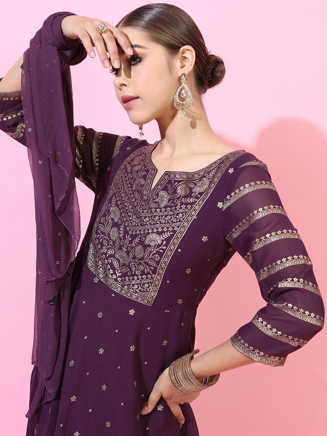 Vishudh Women Purple Printed Maxi Dress With Dupatta