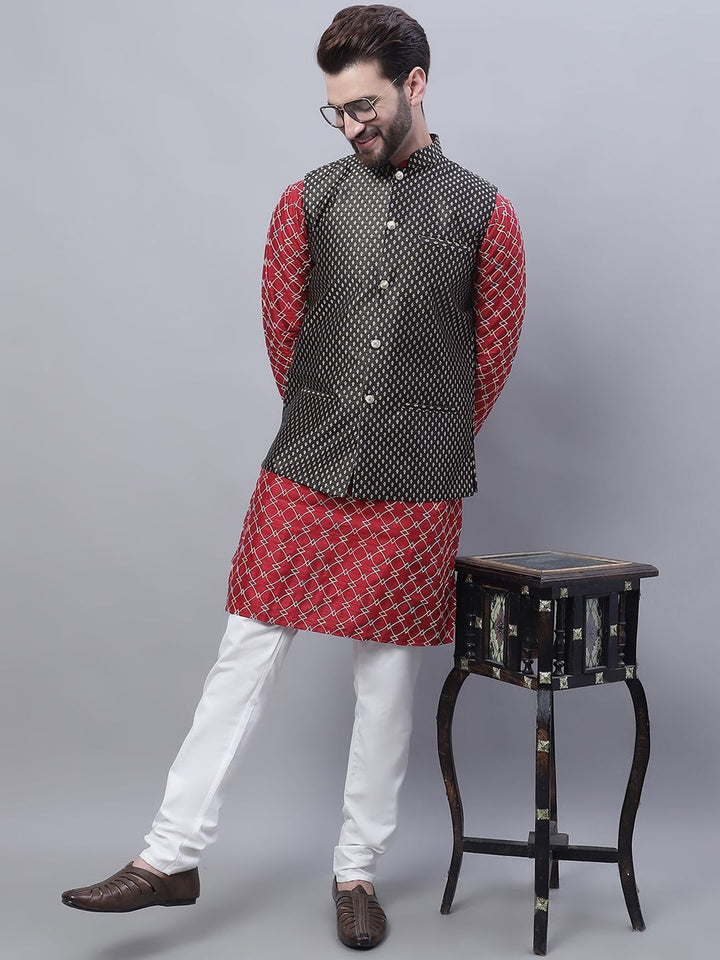 SOJANYA Ethnic Motifs Embroidered Regular Thread Work Kurta With Churidar & Nehru Jacket