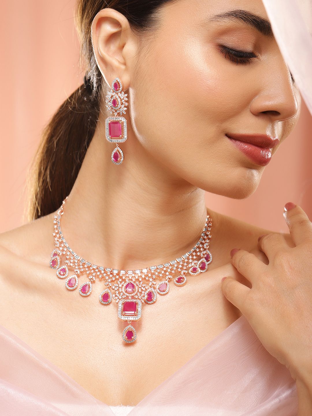 Rubans 24K Rose Gold Plated Pink Sapphire & CZ  Studded Handcrafted Premium Jewellery Set