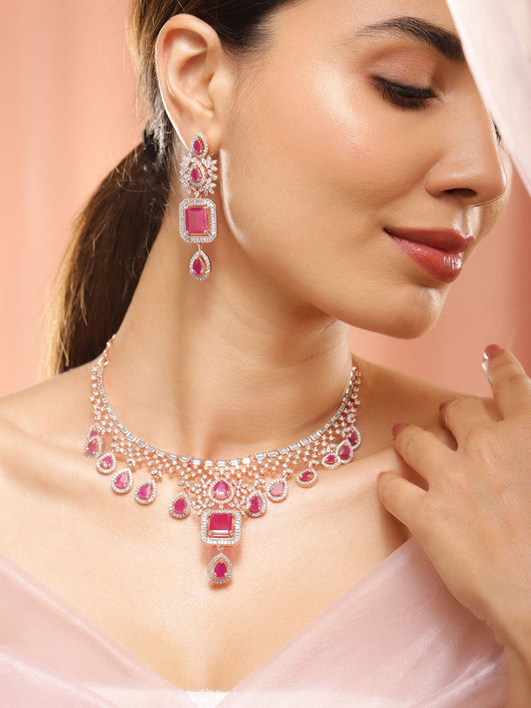 Rubans 24K Rose Gold Plated Pink Sapphire & CZ  Studded Handcrafted Premium Jewellery Set