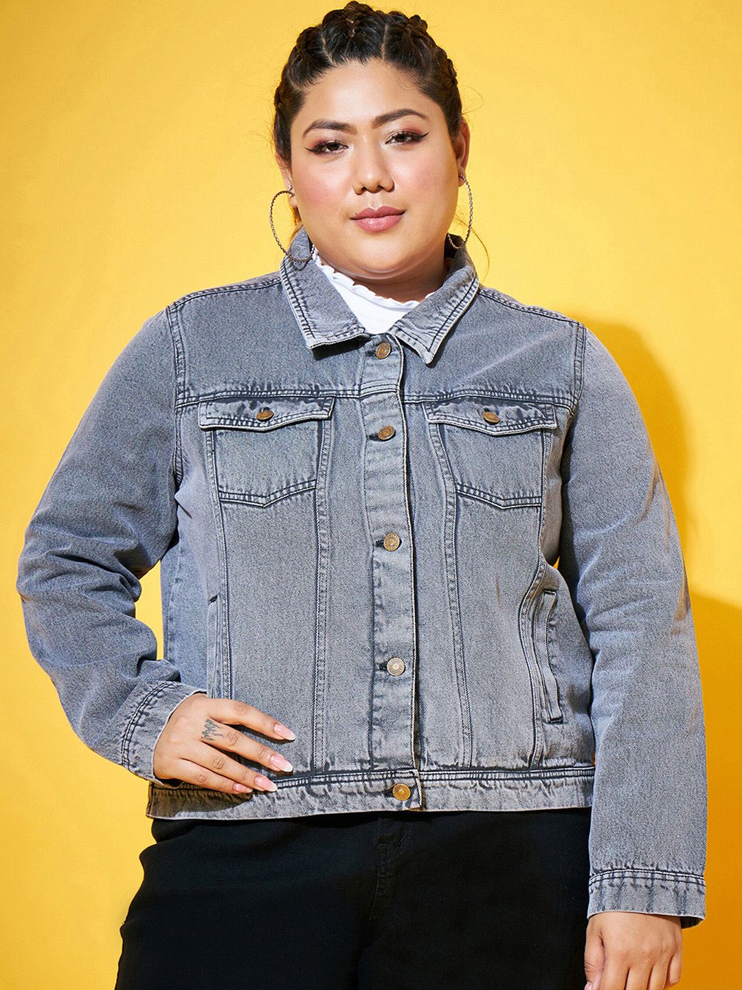 SASSAFRAS Curve Plus Size Washed Denim Jacket