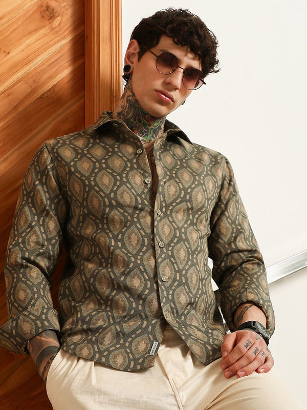 Campus Sutra Men Comfort Fit Ethnic Motifs Printed Spread Collar Cotton Casual Shirt
