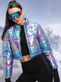 Tokyo Talkies Blue Mock Collar Long Sleeves Crop Puffer Jacket