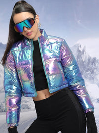 Tokyo Talkies Blue Mock Collar Long Sleeves Crop Puffer Jacket