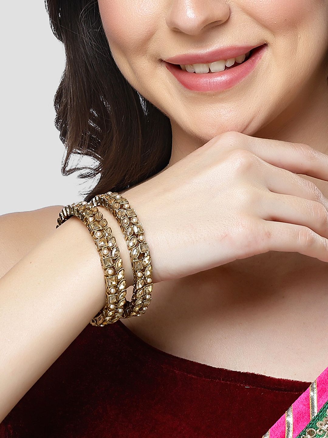 KARATCART 2-Pcs Gold-Plated Kundan-Studded Bangles