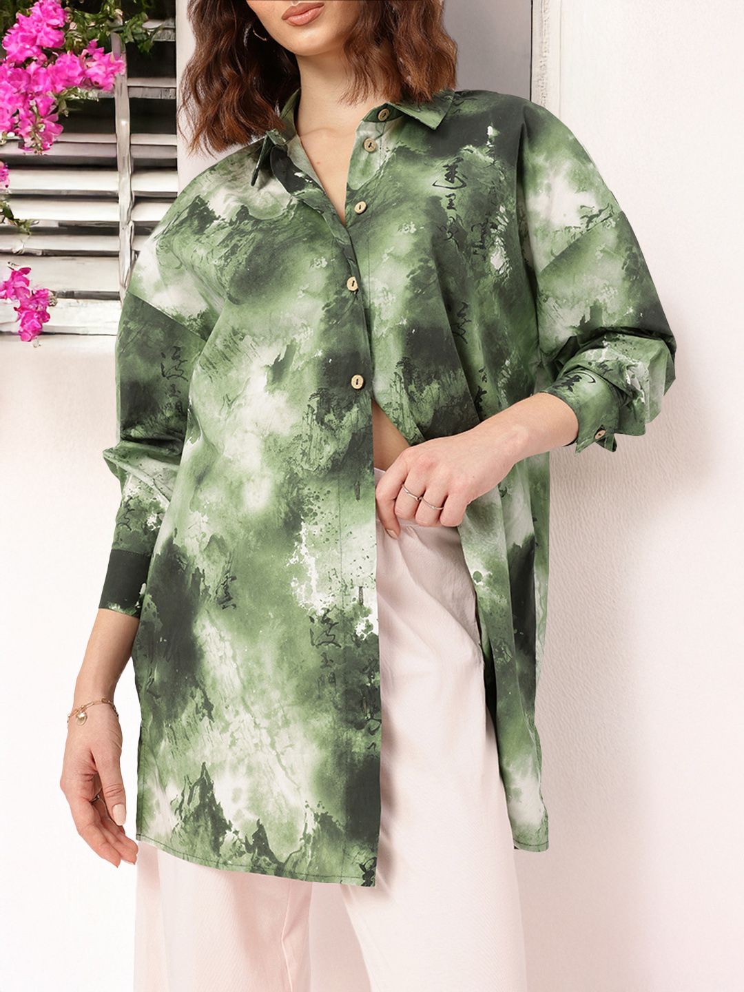 DressBerry Rugged Rhythm Dyed Drop-Shoulder Oversized Longline Shirt