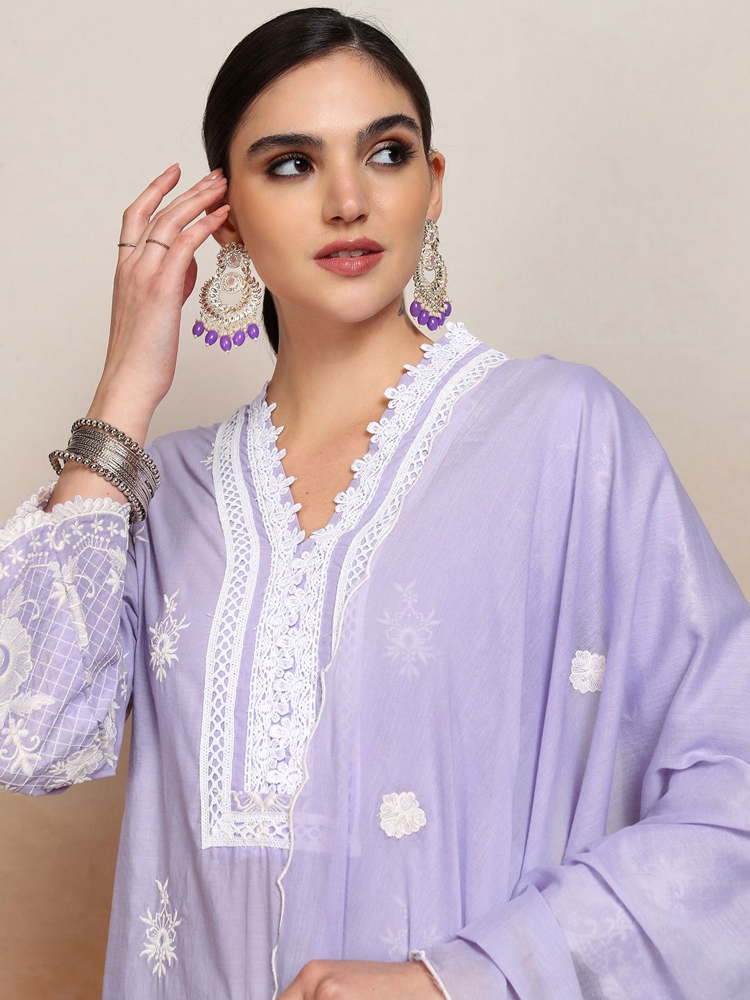 Vishudh Ethnic Motifs Embroidered Pure Cotton Kurta With Trouser & Dupatta